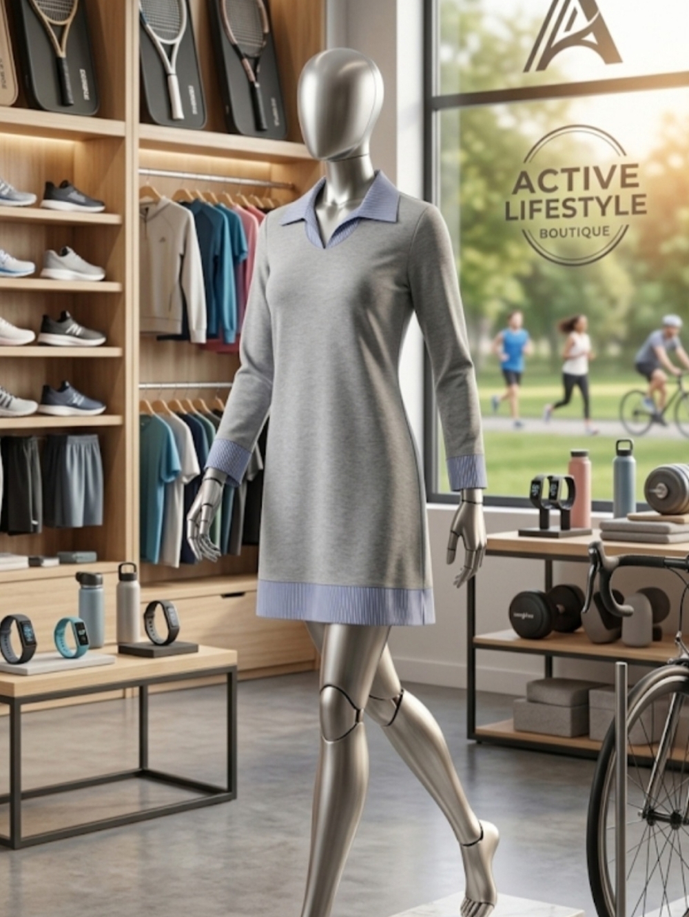 Tacera Grey Knit Polo Dress with Navy-White Striped Trim